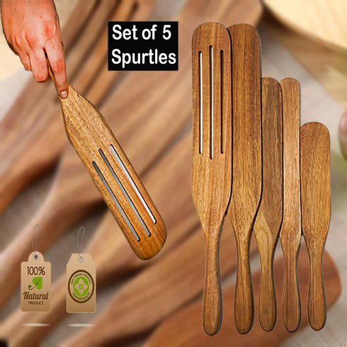 Alyzian Teak Wood 5Pcs Spurtle Set, Non-Stick, Heat Resistant Natural Spurtles Kitchen Tools As Seen On TV, Best for Baking, Cooking, Flipping, Spreading, Serving, Whisking, Scooping Etc