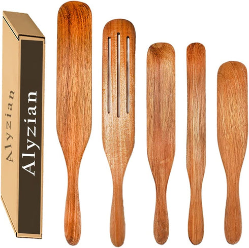 Alyzian Teak Wood 5Pcs Spurtle Set, Non-Stick, Heat Resistant Natural Spurtles Kitchen Tools As Seen On TV, Best for Baking, Cooking, Flipping, Spreading, Serving, Whisking, Scooping Etc