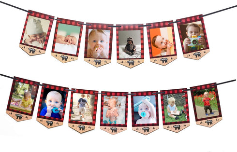 Lumberjack First Birthday Photo Banner Baby Monthly Photo Prop Buffalo Plaid Camping Bunting Garland, Woodland Party Decor