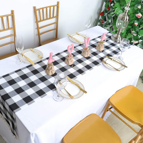 Partisout Buffalo Check Table Runner Checked Table Runner with Tassel Bluffalo Plaid Table Runners Washable Cotton Linen Table Cover Gingham Table Runners (14x108 inch, Black and White)