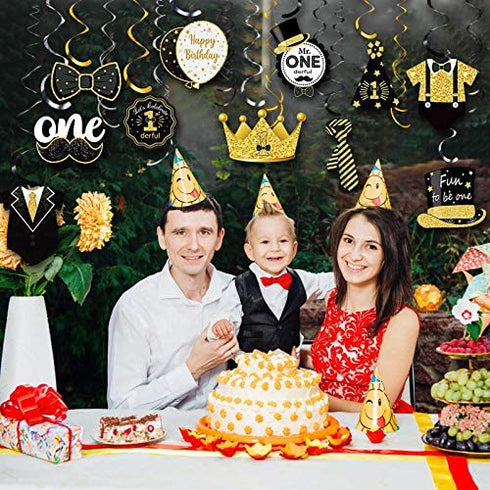 30 Pieces Mr. Onederful Birthday Decorations Glitter Black Gold Hanging Swirls 1st Birthday Party Foil Swirls Ceiling Mustache Toppers Sign Decor for Baby Boy First Birthday Supplies
