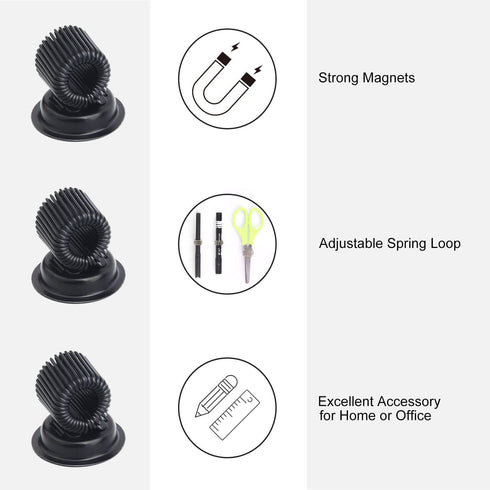 (4 Pack) Magnetic Pen Holder Clip, Stainless Pen Holder Clip with Adjustable Spring Loop, Magno Magnetic Pencil Holder for Refrigerator Whiteboard Erase Board and Bulletin Board Map - Black
