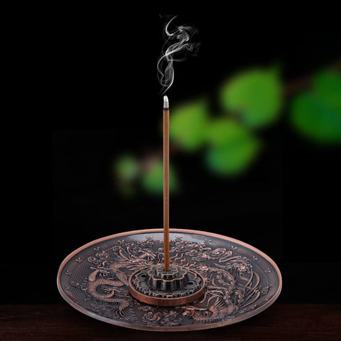 Zinc Alloy Incense Holder with Ash Catcher Stick Incense Burner with Dragon Pattern Censer Plate for Bedroom Temple Office(Red Bronze)