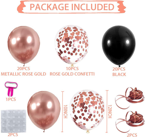 Chrome Metallic Rose Gold and Black Confetti Balloons 55 pcs 12 inch Thick Latex Balloons for Rose Gold Black Baby Bridal Shower,Women Girls Rose Gold and Black Birthday Party Decorations graduation party Supplies