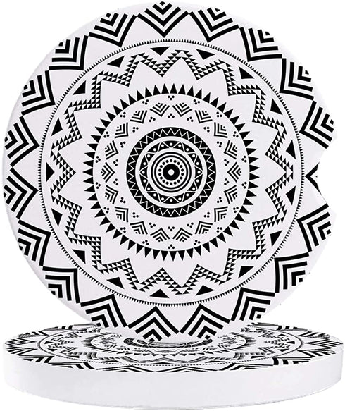 Small Car Coasters for Cup Holders 2.65" Absorbent 2 Pack Car Coaster Ceramic Stone for Drinks Mandala Ethnic Boho Car Accessories Absorb Water Drops