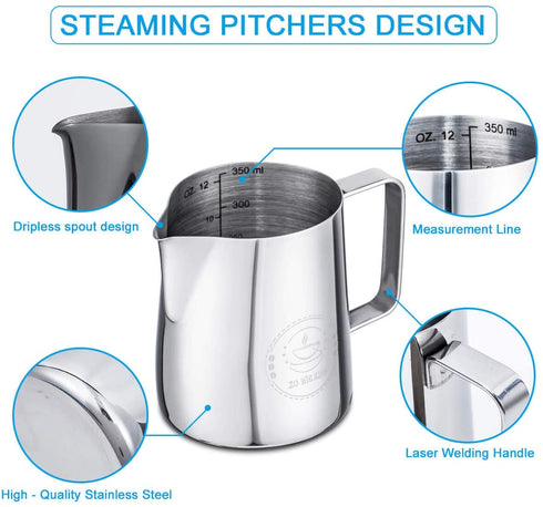 Milk Frothing Pitcher 12oz,Espresso Steaming Pitcher 12oz,Espresso Machine Accessories,Milk Frother cup 12oz,Milk Coffee Cappuccino Latte Art ,Stainless Steel Jug