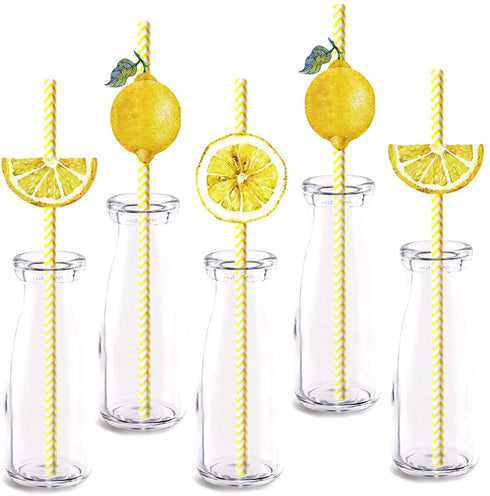 Lemon fruit Party Straw Decor, 24-Pack Yellow Lemon Summer Birthday Party Supply Decorations, Paper Decorative Straws