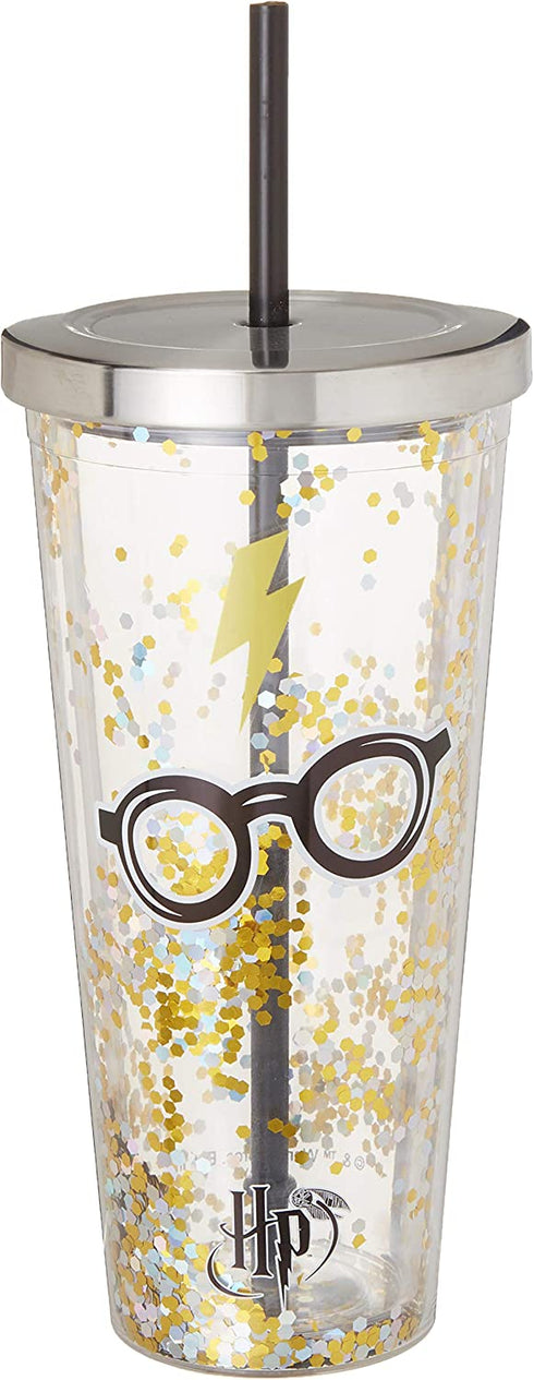Spoontiques - Harry Potter Tumbler - Glasses Glitter Cup with Straw - 20 oz - Acrylic - Gold