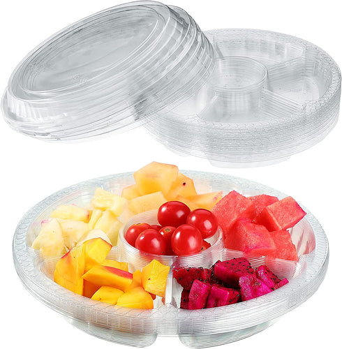 10 Pieces Round Appetizer Serving Trays with Lids Veggie Fruit Snack Food Trays Disposable Compartments Plastic Platters Vegetable Salad Serving Trays for Party Supplies (Clear,10.4 x 10.4 x 2 Inch)