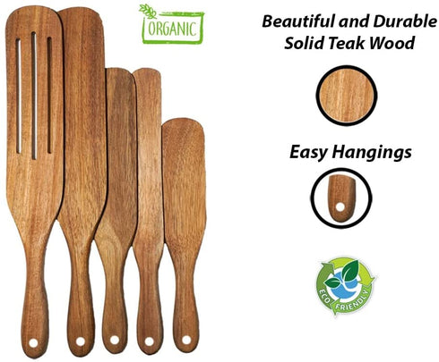 Alyzian Teak Wood 5Pcs Spurtle Set, Non-Stick, Heat Resistant Natural Spurtles Kitchen Tools As Seen On TV, Best for Baking, Cooking, Flipping, Spreading, Serving, Whisking, Scooping Etc