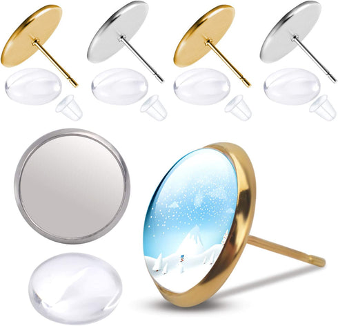 Aylifu Earring Cabochon Settings,Include 40pcs 12mm Stud Earring Cabochon Post Cup Blank Earring Bezel with 40pcs Glass Dome Cabochons and 40pcs Clear Earring Backs for Jewellery Making