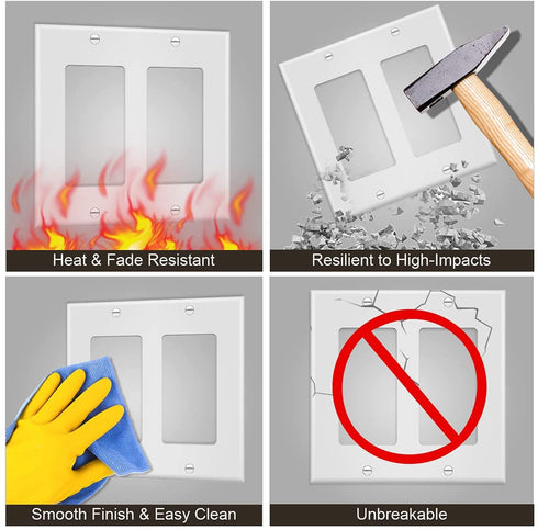 2-Gang Switch Outlet Wall Plate Cover Double Decora Electrical Faceplate for Light Switches, Smart Switch,Dimmers, GFCI, Receptacle, USB Outlet, White (4-Pack)