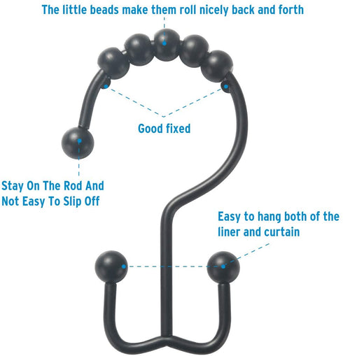 Titanker Shower Curtain Hooks Rings, Rust-Resistant Metal Double Glide Shower Hooks for Bathroom Shower Rods Curtains, Set of 12 Hooks - Matte Black