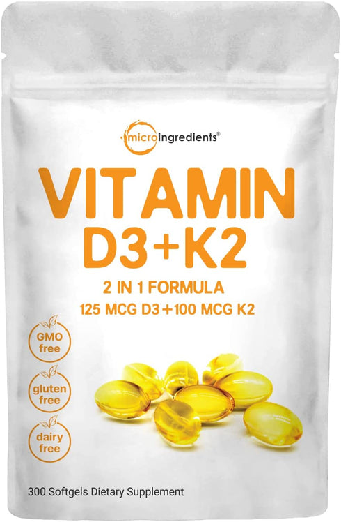 Vitamin D3 5000IU Plus K2, 2 in 1 Formula, Vitamin D3 with MK7 Vitamin K2, 300 Soft-Gels, Immune Vitamin Complex with Virgin Sunflower Seed Oil, Support Heart, Teeth & Joint Health, Easy to Swallow
