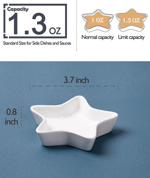 Star Soy Sauce Dish - Delling Dipping Bowls/Dish, Ceramic Dipping Sauce Cups for Soy Sauce, Sushi Sauce, Condiment, BBQ, Small Pinch Bowls, Set of 6, White, 1.2 Oz