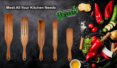 Alyzian Teak Wood 5Pcs Spurtle Set, Non-Stick, Heat Resistant Natural Spurtles Kitchen Tools As Seen On TV, Best for Baking, Cooking, Flipping, Spreading, Serving, Whisking, Scooping Etc