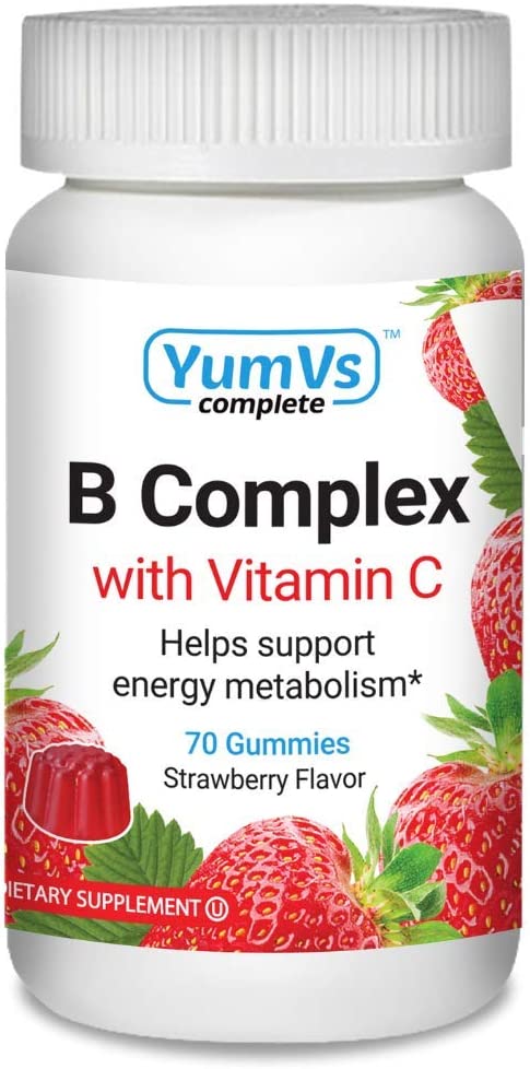 B-Complex with Vitamin C Gummies by YumVs | Daily Dietary Supplement for Adults and Kids | B6, B12, Vitamin C, Folic Acid, Niacin, and Biotin | Natural Strawberry Flavor Chewables, 70-Count | Kosher