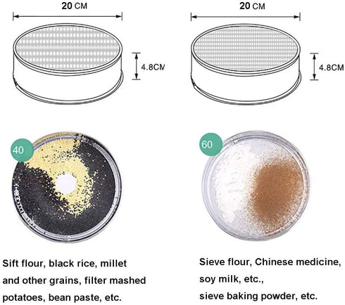 Flour Sifter, Fine Mesh Sifter, Flour Sieve Stainless Steel Round Sifter for Baking Straining Powdering 40 Mesh 15cm 20cm