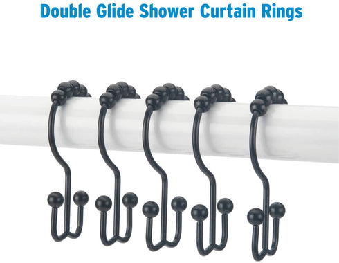Titanker Shower Curtain Hooks Rings, Rust-Resistant Metal Double Glide Shower Hooks for Bathroom Shower Rods Curtains, Set of 12 Hooks - Matte Black