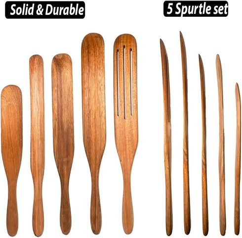 Alyzian Teak Wood 5Pcs Spurtle Set, Non-Stick, Heat Resistant Natural Spurtles Kitchen Tools As Seen On TV, Best for Baking, Cooking, Flipping, Spreading, Serving, Whisking, Scooping Etc