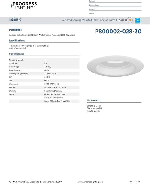 Intrinsic Recessed LED 8w Downlight for 5/6 inch Housings with 759 lumens 3000K