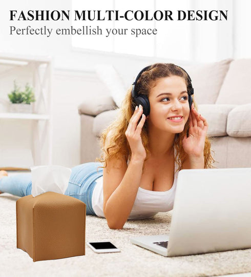 Livelab Tissue Box Cover, Square Decorative PU Leather Tissue Box Holder Modern Tissue Case Facial Paper Organizer Dispenser for Bathroom, Vanity Countertop, Night Stands, Desk, Car 5X5X5'' | Camel