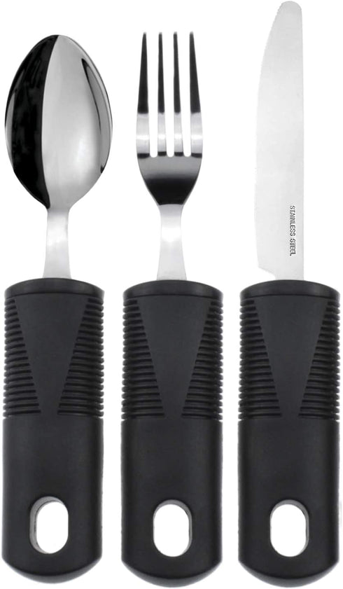 Vive Adaptive Utensil Set - Arthritis Aid Silverware for Parkinsons, Hand Tremors - Easy Grip for Shaking and Trembling Hands - Heavy Stainless Steel Spoon, Fork, Serrated Knife - Non Weighted Holder