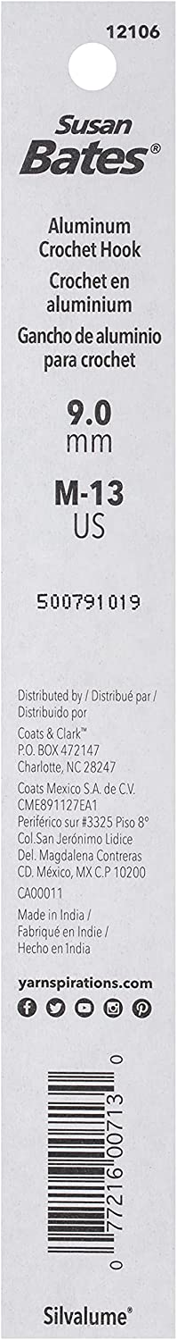 Susan Bates 5-1/2-Inch Silvalume Aluminum Crochet Hook, 9mm, Blue