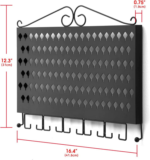 JackCubeDesign Wall Mounted Jewelry Organizer, Earring Necklace Bracelet Holder Display Hanger with 117 Holes & 12 Hooks (Black, 16.54 x 12.2 x 0.75 inches) - MK319A
