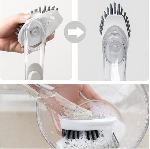 Cenbee Soap Dispensing Dish Brush with 4 Replaceable Heads, Updated No Leaking Soap Dish Scrubber Soap Dispenser, Kitchen Dish Brush with Soap Dispenser for Pot Pan Sink Cleaning(Light Gray)