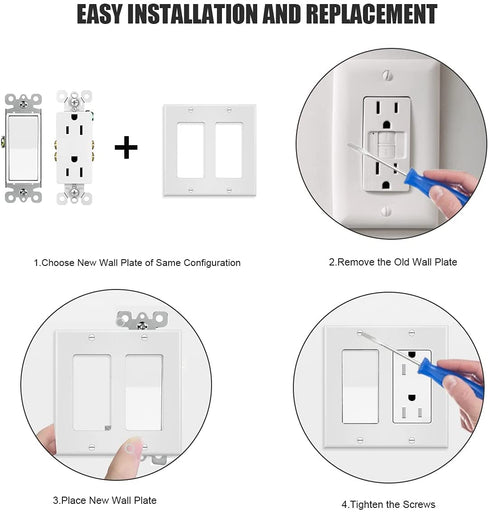 2-Gang Switch Outlet Wall Plate Cover Double Decora Electrical Faceplate for Light Switches, Smart Switch,Dimmers, GFCI, Receptacle, USB Outlet, White (4-Pack)