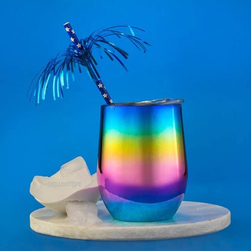 CHILLOUT LIFE Stainless Steel Wine Tumblers 2 Pack 12 oz - Double Wall Vacuum Insulated Wine Cups with Lids and Straws Set for Coffee, Wine, Cocktails (Rainbow)