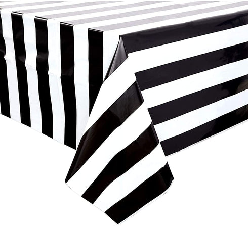 Plastic Tablecloth for Birthday Party, Black and White Stripes (54 x 108 in, 3 Pack)
