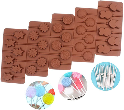 BAKER DEPOT Silicone chocolate Lollipop Mold with 6 Holes, Double Heart, Star, Small Flower, Smile Face, Round, Etc, Design, Set of 5