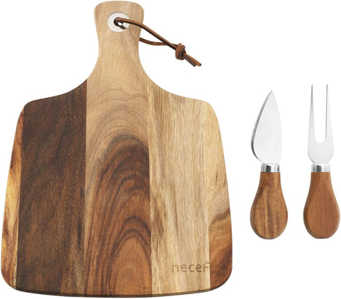 hecef Cheese Board set of 3,a Acacia Wood Cheese Plate & a Cheese Knife & a Cheese Fork, Cheese Platter Slate Board Cheese Serving Board (Cheese board with 2 knives)