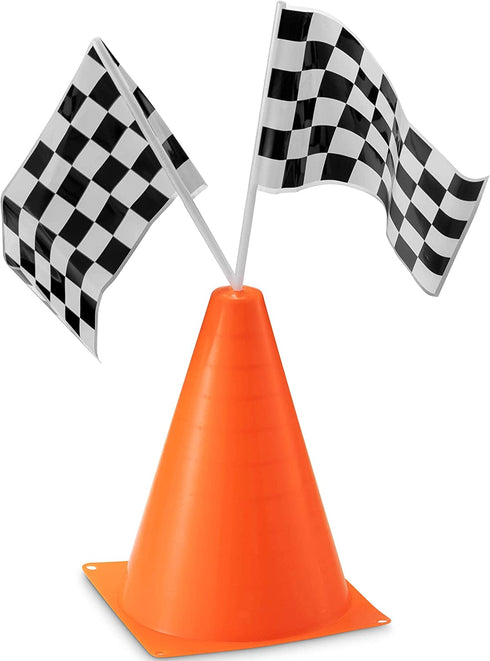 Traffic Cones and Racing Checkered Flags - (24 Pcs) 12 - Black and White Flags on Sticks and 12 7-Inch Mini Orange Sports Safety Cones for Kids - Race Car Theme Birthday Party Supplies
