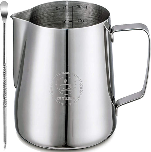 Milk Frothing Pitcher 12oz,Espresso Steaming Pitcher 12oz,Espresso Machine Accessories,Milk Frother cup 12oz,Milk Coffee Cappuccino Latte Art ,Stainless Steel Jug