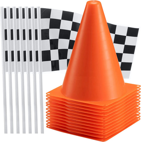 Traffic Cones and Racing Checkered Flags - (24 Pcs) 12 - Black and White Flags on Sticks and 12 7-Inch Mini Orange Sports Safety Cones for Kids - Race Car Theme Birthday Party Supplies