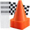 Traffic Cones and Racing Checkered Flags - (24 Pcs) 12 - Black and White Flags on Sticks and 12 7-Inch Mini Orange Sports Safety Cones for Kids - Race Car Theme Birthday Party Supplies