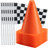 Traffic Cones and Racing Checkered Flags - (24 Pcs) 12 - Black and White Flags on Sticks and 12 7-Inch Mini Orange Sports Safety Cones for Kids - Race Car Theme Birthday Party Supplies