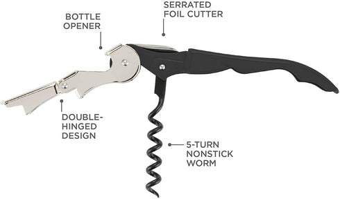 True TrueTap Soft Touch Black Double Hinged Waiters Corkscrew, Stainless Steel Wine Key with Foil Cutter