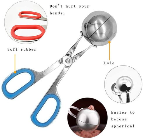 Meat Baller, 2 PCS None-Stick Meatball Maker with Detachable Anti-Slip Handles, Stainless Steel Meat Baller Tongs, Cake Pop, Ice Tongs, Cookie Dough Scoop for Kitchen (1.38"&1.78")