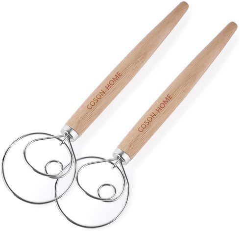 Danish Dough Whisk Dutch Bread Whisk Hook Wooden Hand Mixer Bread Baking Tools for Cake Bread Pizza Pastry Food Biscuits Kitchenware Tool Stainless Steel Ring 13.5 inches 0.22 lb/pcs, Pack of 2
