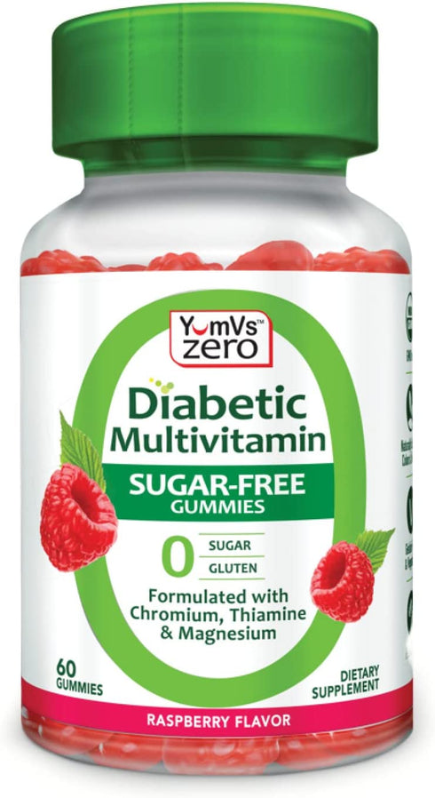 YumVs Diabetic Multivitamin Gummies | Sugar Free Diabetes Supplement Vitamins for Women & Men | Chromium, Thiamine and Magnesium | Natural Raspberry Flavor Chewables - 60 Count