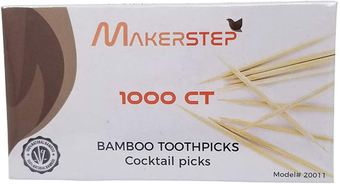 Makerstep 100% Natural Bamboo Toothpicks 1000 Pieces, Sturdy Cocktail Safe Large Round Storage Box Party Appetizer Olive Barbecue Fruit Teeth Cleaning Art Crafts