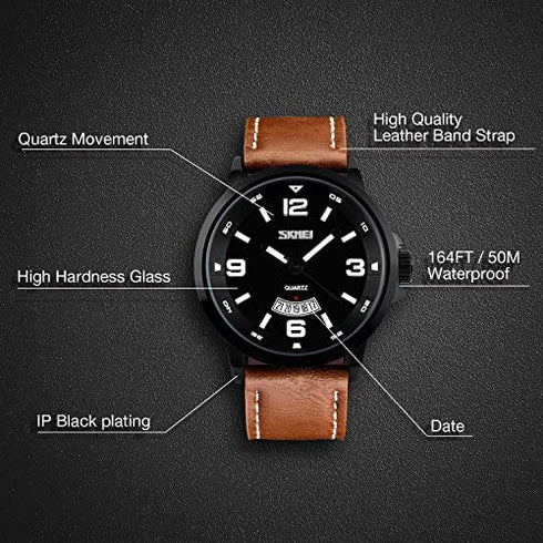 cofuo Mens Fashion Dress Analog Quartz Watch with Brown Leather Band Unique Big Face Number Retro Casual Wrist Watches Classic Business Waterproof Wristwatch Calendar Date Week - Black Brown