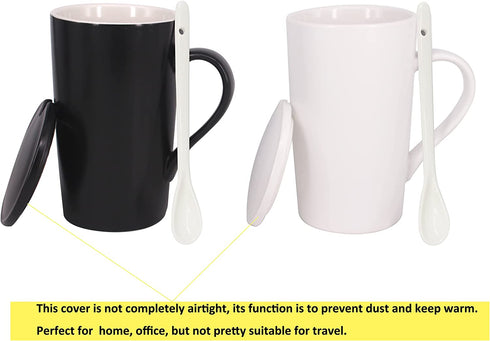 BPFY 16oz Set of 2 Ceramic Coffee Mug with Lid and Spoon, Milk Cup Classic Mug Drinking Cups for Tea, Coffee, Cocoa, Black and White Marriage or Couples (16oz)
