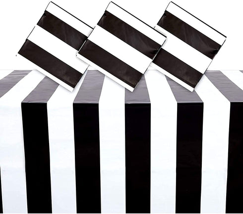 Plastic Tablecloth for Birthday Party, Black and White Stripes (54 x 108 in, 3 Pack)