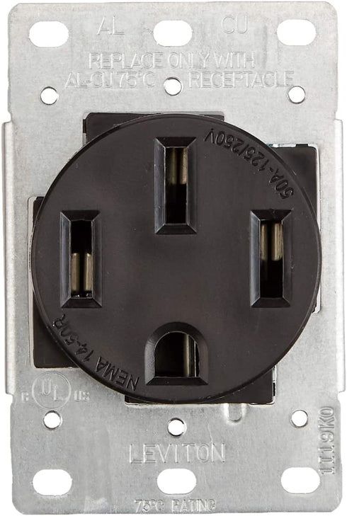 Leviton 279-S00 50 Amp, 125/250V, Nema 14-50R, 3P, 4W, Flush Mounting Receptacle, Straight Blade, Industrial Grade, Grounding, Side Wired, Steel Strap, Black
