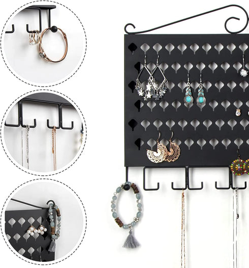 JackCubeDesign Wall Mounted Jewelry Organizer, Earring Necklace Bracelet Holder Display Hanger with 117 Holes & 12 Hooks (Black, 16.54 x 12.2 x 0.75 inches) - MK319A